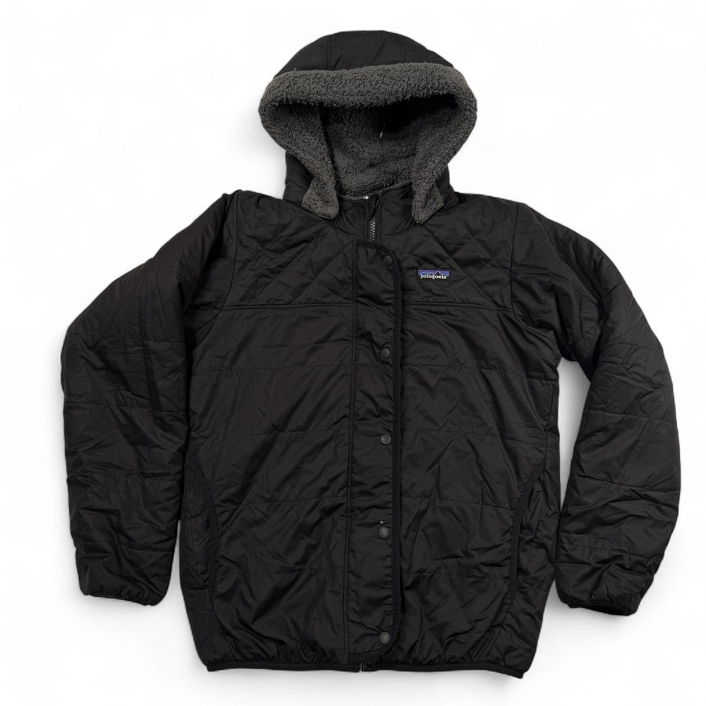 Patagonia Reversible Dream Song Hoody Girls XL 14 Black Gray Fleece Lined Hood‎